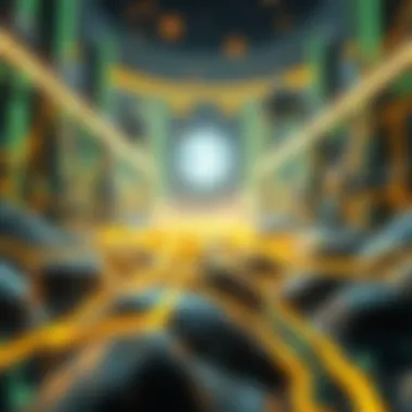 A futuristic concept art showing a digital landscape filled with blockchain elements.