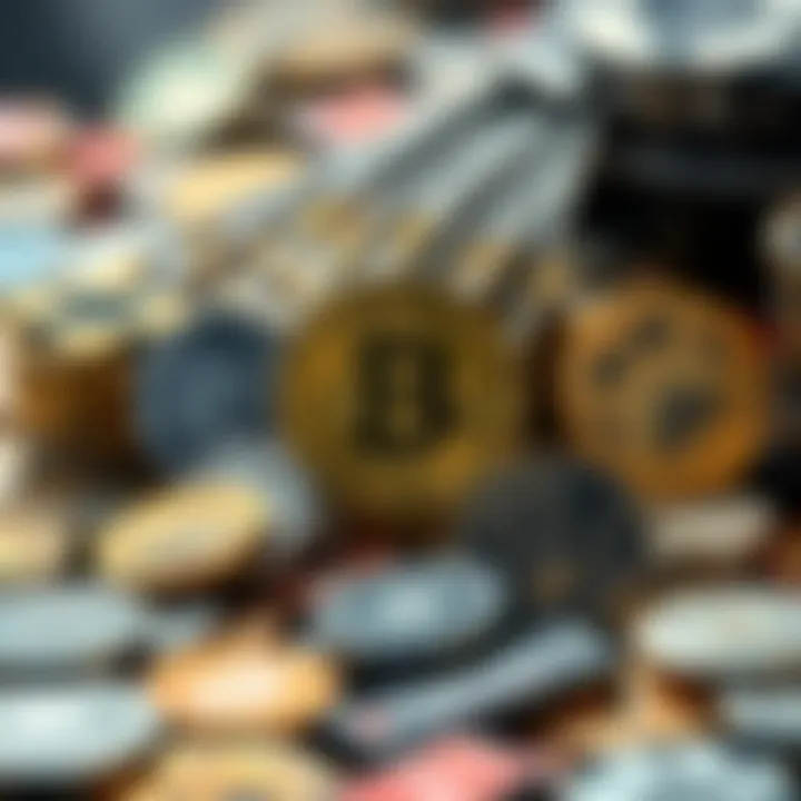 A digital representation of various cryptocurrencies with their logos and symbols.