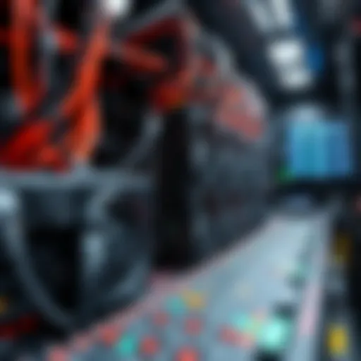 An intricate setup of mining hardware showcasing powerful GPUs and intricate wiring.