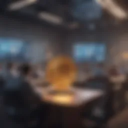 Illustration of a university classroom discussing blockchain technology