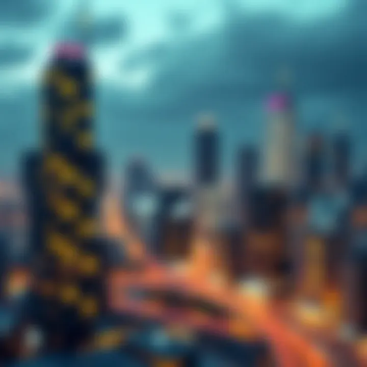 A futuristic city skyline with digital currency symbols illuminating the buildings