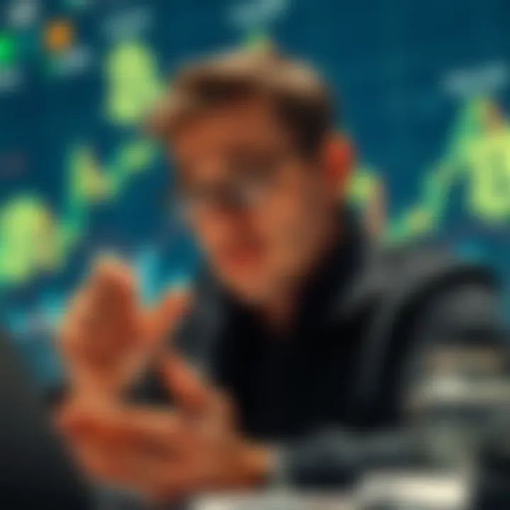 An investor analyzing stock trends with blockchain symbols in the background