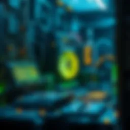 An intricate illustration of a cryptocurrency mining setup featuring advanced hardware.