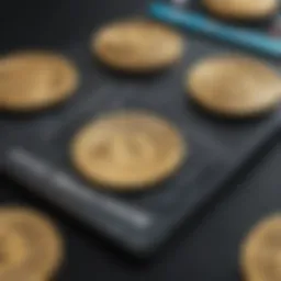 Visual representation of cryptocurrency logos and debit card.